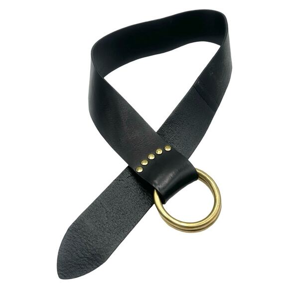 Ralph Lauren Black and Gold Leather Belt with Double-Ring Buckle - 42\